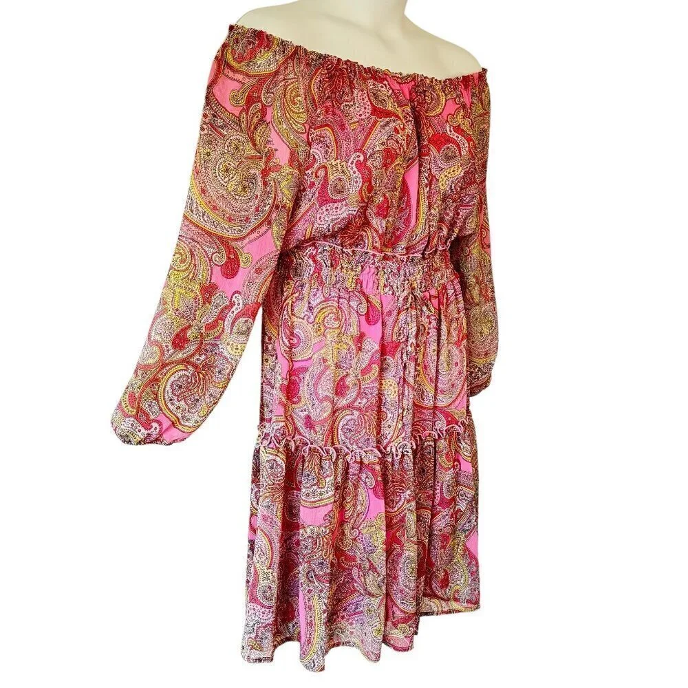 Tommy Hilfiger Gauzy Off Shoulder Tiered Dress Elastic Waist Balloon Sleeve 12 - Picture 2 of 9